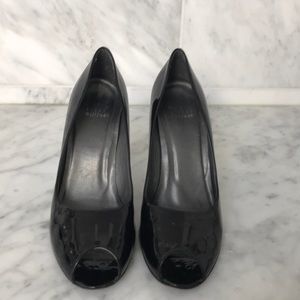 Stuart Weitzman black patent leather peep toe heel